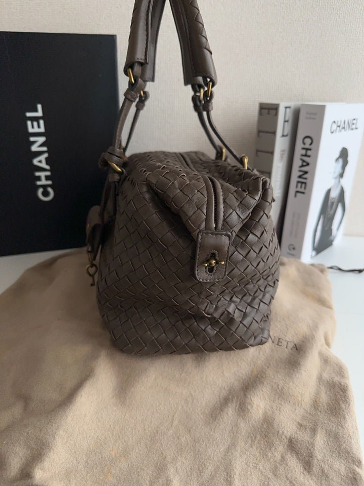 Bottega Veneta Vintage Woven Leather Boston Bag with Lock & Dust Bag