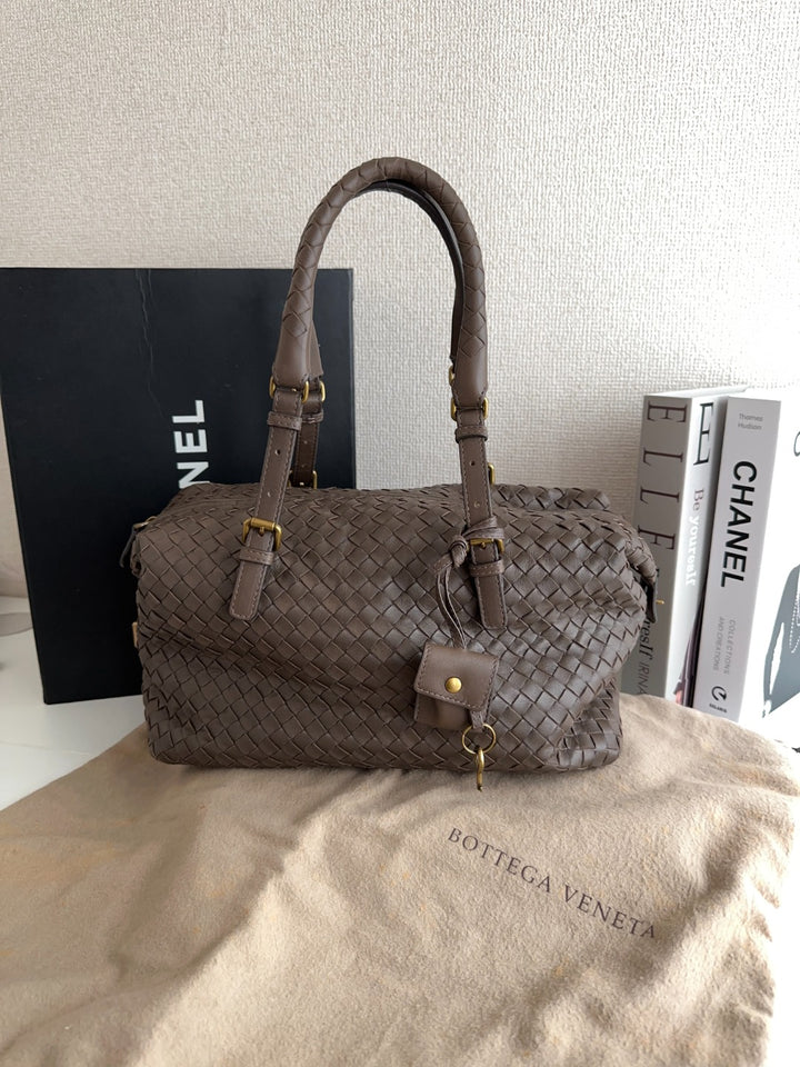 Bottega Veneta Vintage Woven Leather Boston Bag with Lock & Dust Bag