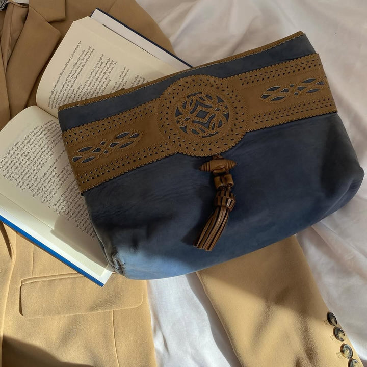 LOEWE Blue & Tan Hunting Series Clutch｜Rare Vintage with Cutout Logo & Tassel Accent 🌾✨ Bohemian-Chic Collectible