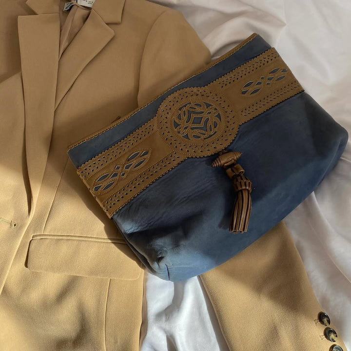 LOEWE Blue & Tan Hunting Series Clutch｜Rare Vintage with Cutout Logo & Tassel Accent 🌾✨ Bohemian-Chic Collectible