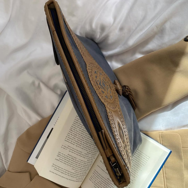 LOEWE Blue & Tan Hunting Series Clutch｜Rare Vintage with Cutout Logo & Tassel Accent 🌾✨ Bohemian-Chic Collectible