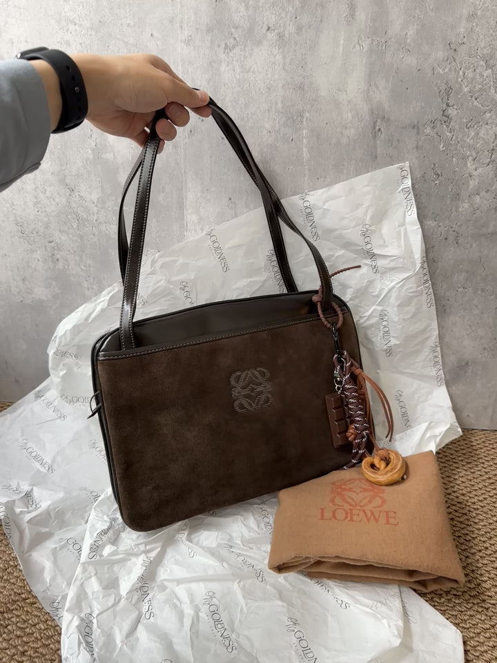 LOEWE Chocolate Brown Suede & Box Leather Shoulder Bag – Anagram Logo, Mini Hobo Style