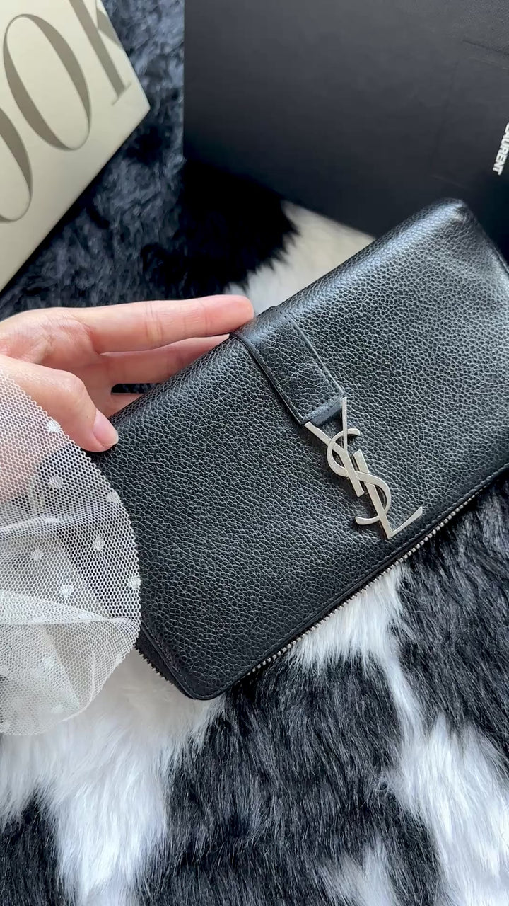 Saint Laurent Cassandre Zip-Around Long Wallet 🖤｜Grained Leather × Silver YSL Logo × Spacious Organisation