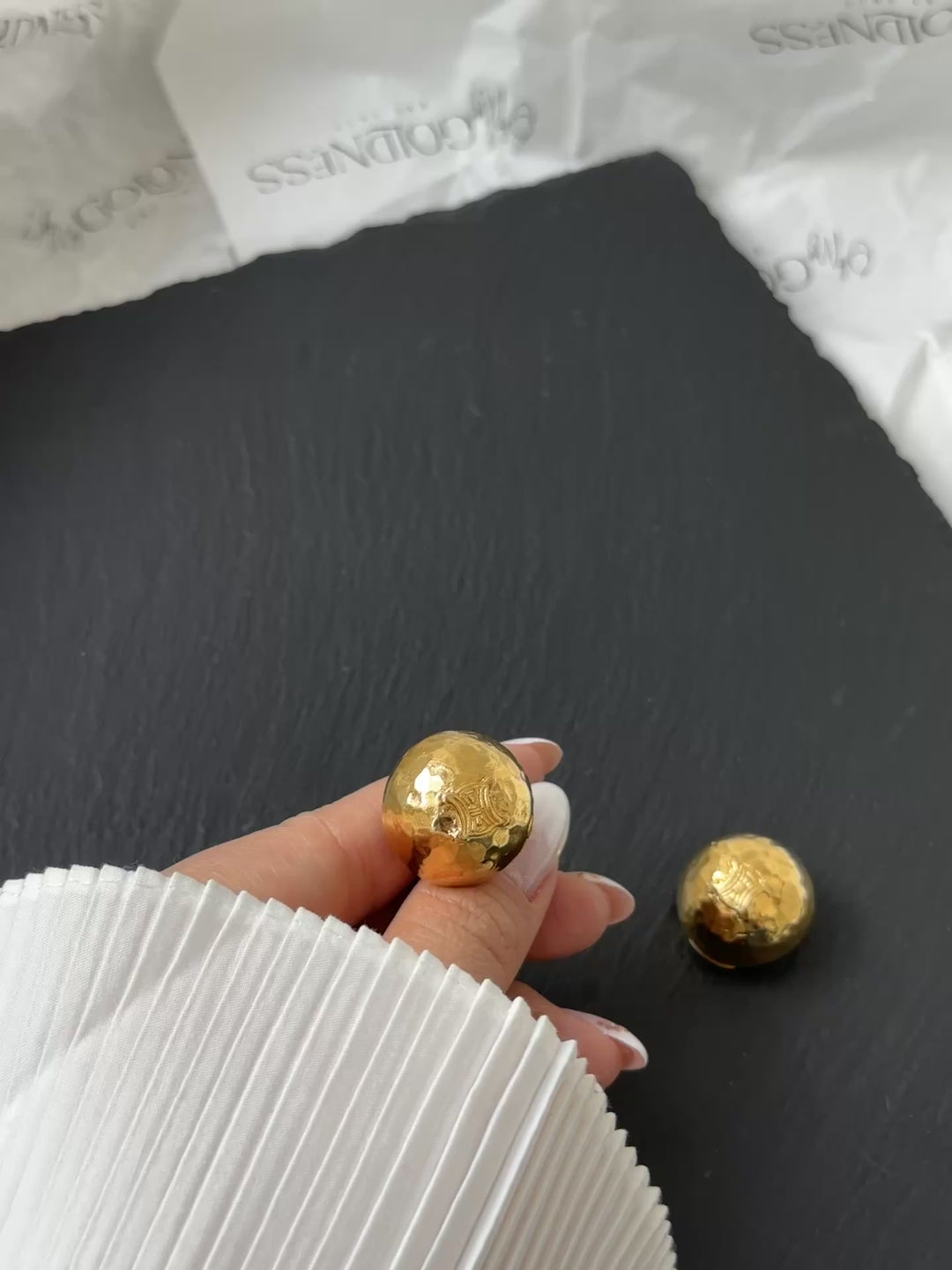 CELINE Gold Dome Clip-On Earrings – Triomphe Logo × Hammered Shine