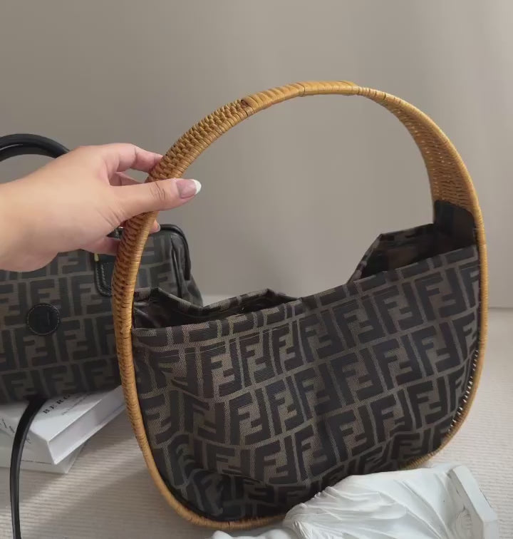 FENDI Vintage Rattan Cradle Bag（Brown Zucca Canvas × Rattan Frame）｜Rare Find × Retro Charm 🌙