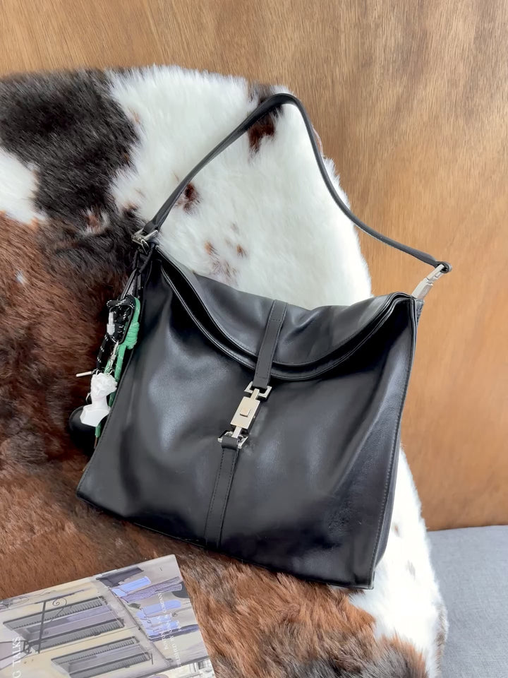 Gucci Jackie Double Flap Leather Hobo Bag 🖤｜Signature Piston Lock・Double Flap Design・Minimalist Classic
