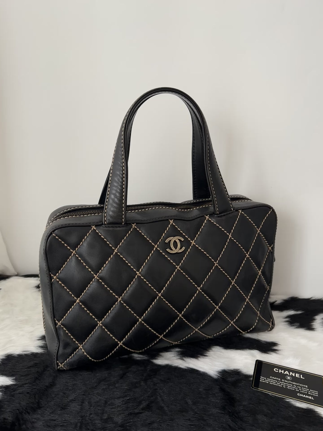 Chanel “Contrast Stitch Boston Tote” 🖤🤍 | Rare Black × White Stitching | With Card & Sticker