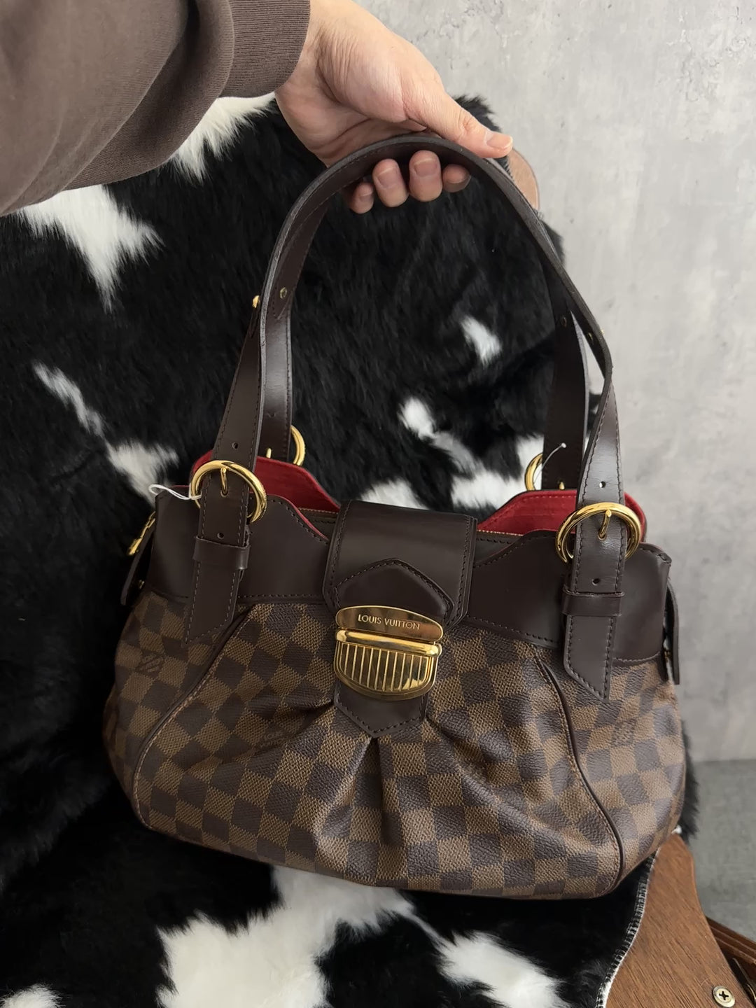 Louis Vuitton Damier Ebene Pleated Shoulder Handbag 🤎｜Classic Checkered Canvas × Gold-Tone Buckle × Red Suede Interior✨