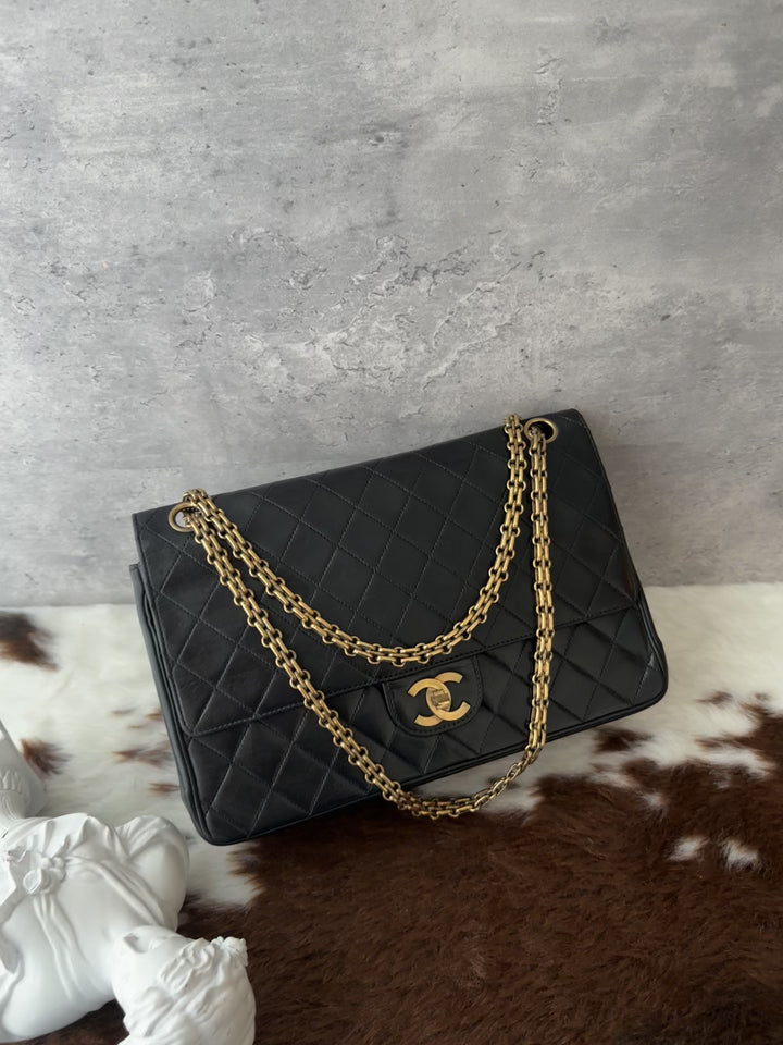 Chanel Vintage Special Edition Double Flap 25cm ✨🖤｜Full Leather × CC Turn-Lock × 2.55-Style Chain