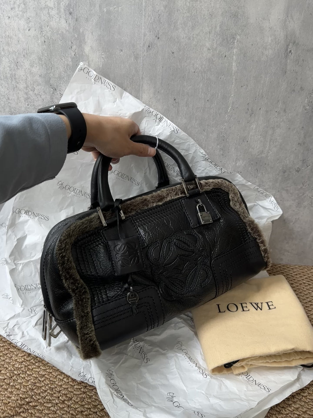 LOEWE Amazona Suede & Shearling Bag – Black Leather Trim, Lock Included