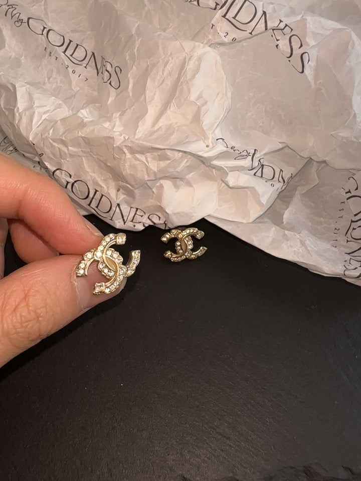 CHANEL Crystal CC Stud Earrings – Gold Tone