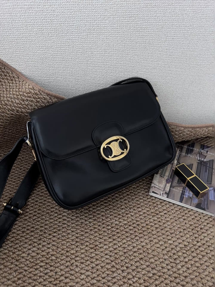 CELINE Triomphe Vintage Shoulder Bag — Black Leather & Oversized Gold Clasp 🖤✨ Collector’s Parisian Icon