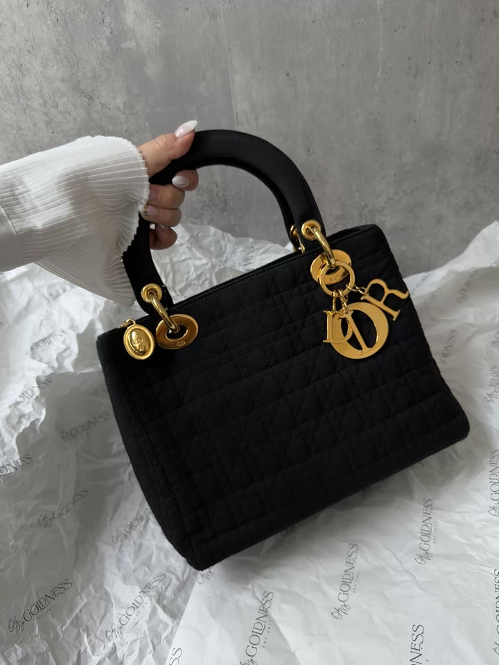 DIOR Lady Dior Black Fabric Bag with Gold Hardware – Near Pristine + Long Strap Included