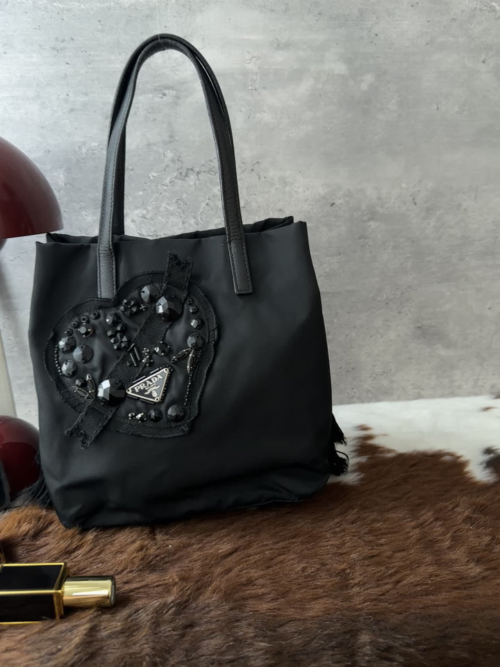 Prada Heart Mini Tote Bag 🖤｜Crystal Heart Appliqué・Tassel Details・Chic All-Black Design