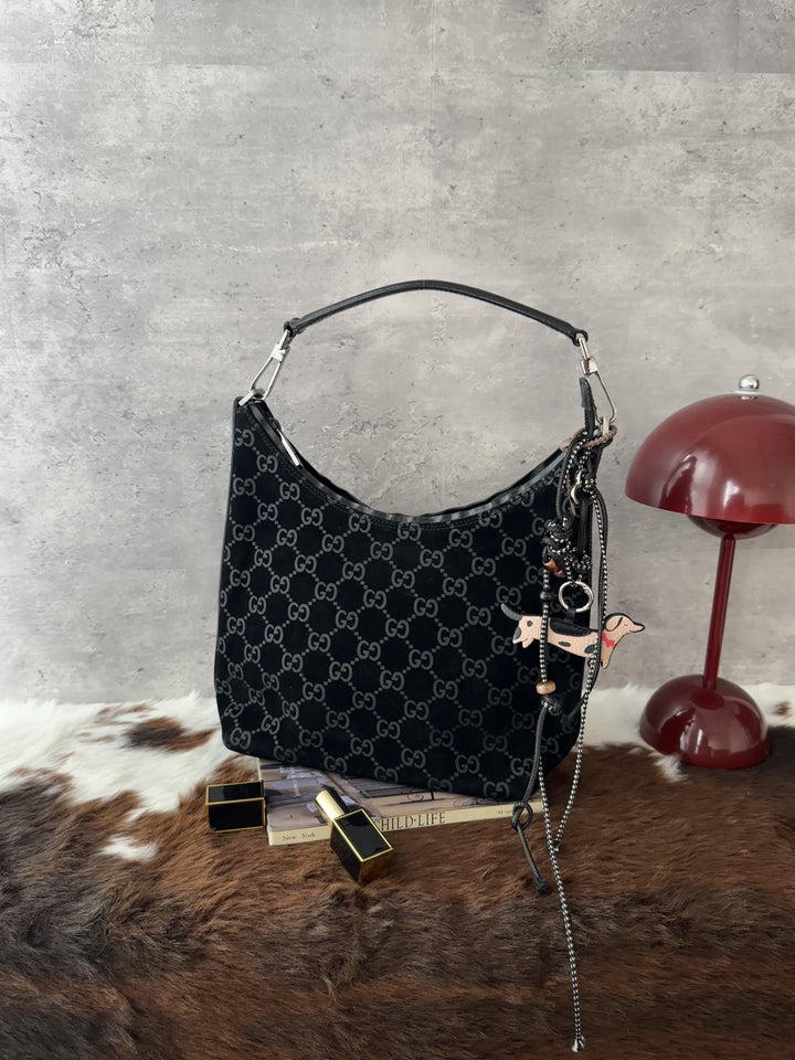Gucci Vintage GG Monogram Hobo Bag 🖤｜Black Suede・Convertible Strap