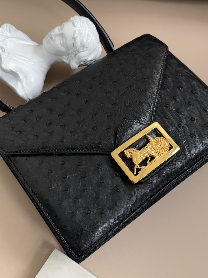 Celine Ostrich Kelly-Style Top Handle Bag 🖤✨｜Ostrich Leather × Gold-Tone Horse Carriage Clasp × Vintage Silhouette
