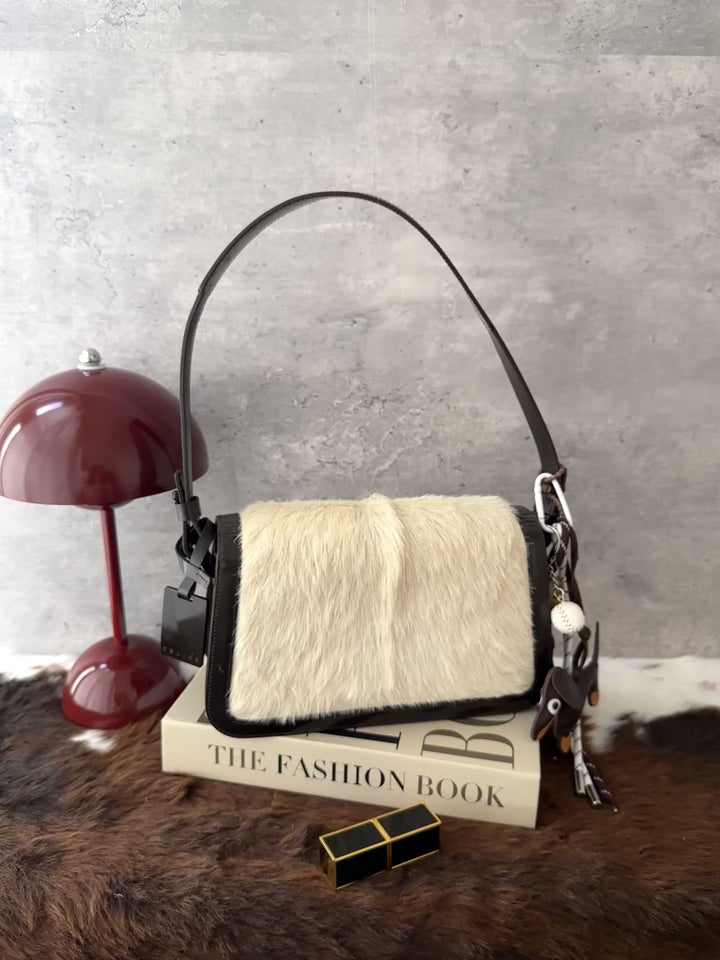 CELINE Vintage Pony Hair Shoulder Bag 🐼｜Panda Colourway｜Structured Silhouette｜Logo Tag Detail