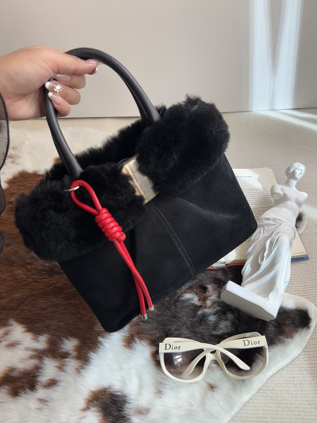 Ferragamo “So Black” Shearling Suede Tote 🖤 | Effortless Luxury with a Bold Twist