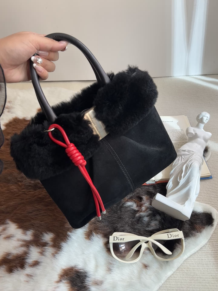 Ferragamo “So Black” Shearling Suede Tote 🖤 | Effortless Luxury with a Bold Twist