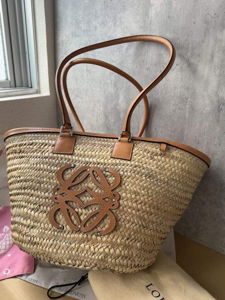 LOEWE Raffia Shoulder Bag – Long Leather Handle × Full Set + Pouch 🤎