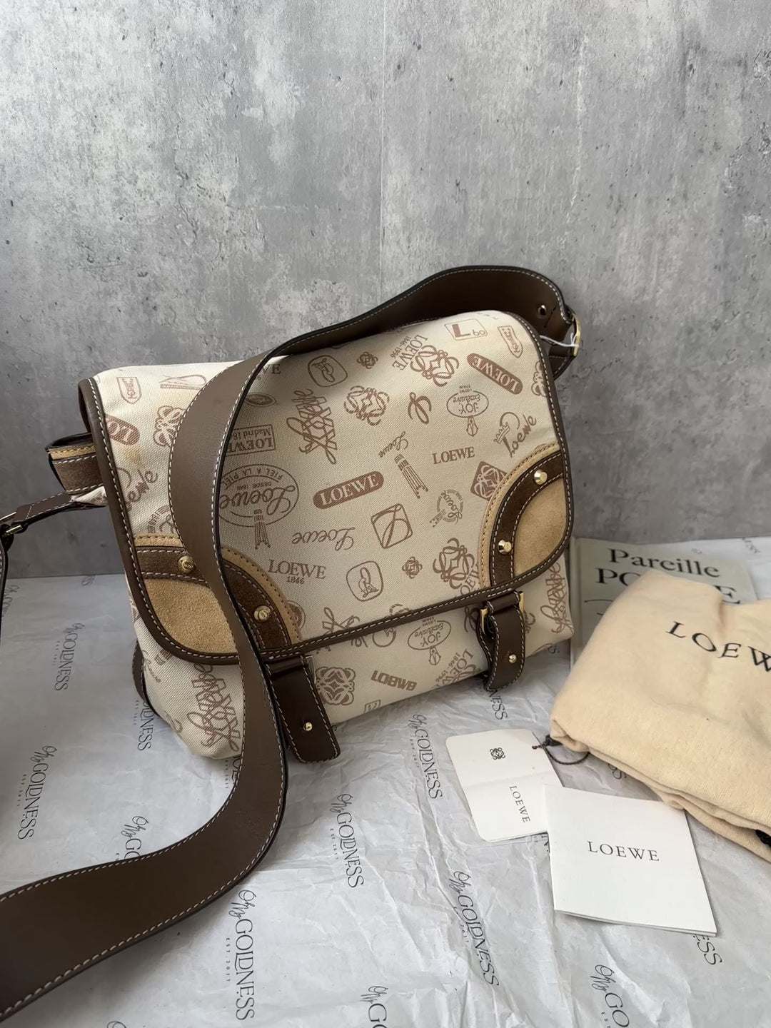 LOEWE 160th Anniversary “Biscuit” Crossbody – Logo Stamp Canvas × Leather Trim 🍪🤎 Comes Full Set!