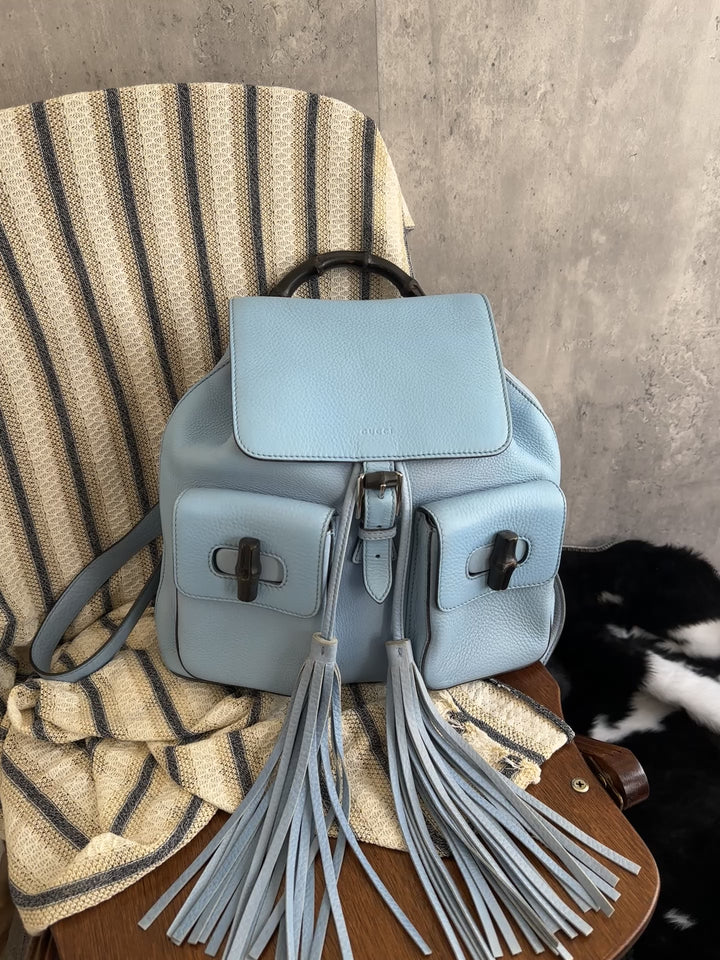 Gucci Bamboo Baby Blue Backpack with Tassels