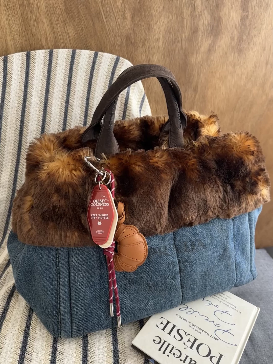 PRADA Fur Trim Denim Tote Bag 🐰｜Soft Fur Trim × Denim Body × Laptop-Friendly Carry