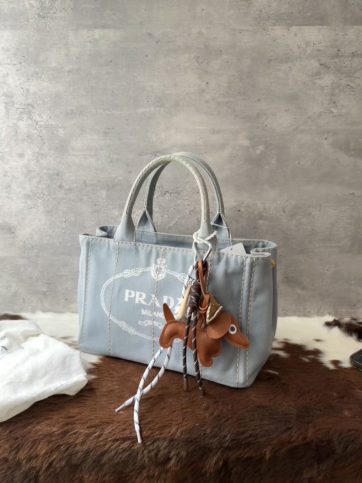 PRADA Baby Blue Small Canvas Tote Bag 🩶🩵｜Soft Baby Blue × Lightweight Canvas × Crossbody Styling✨