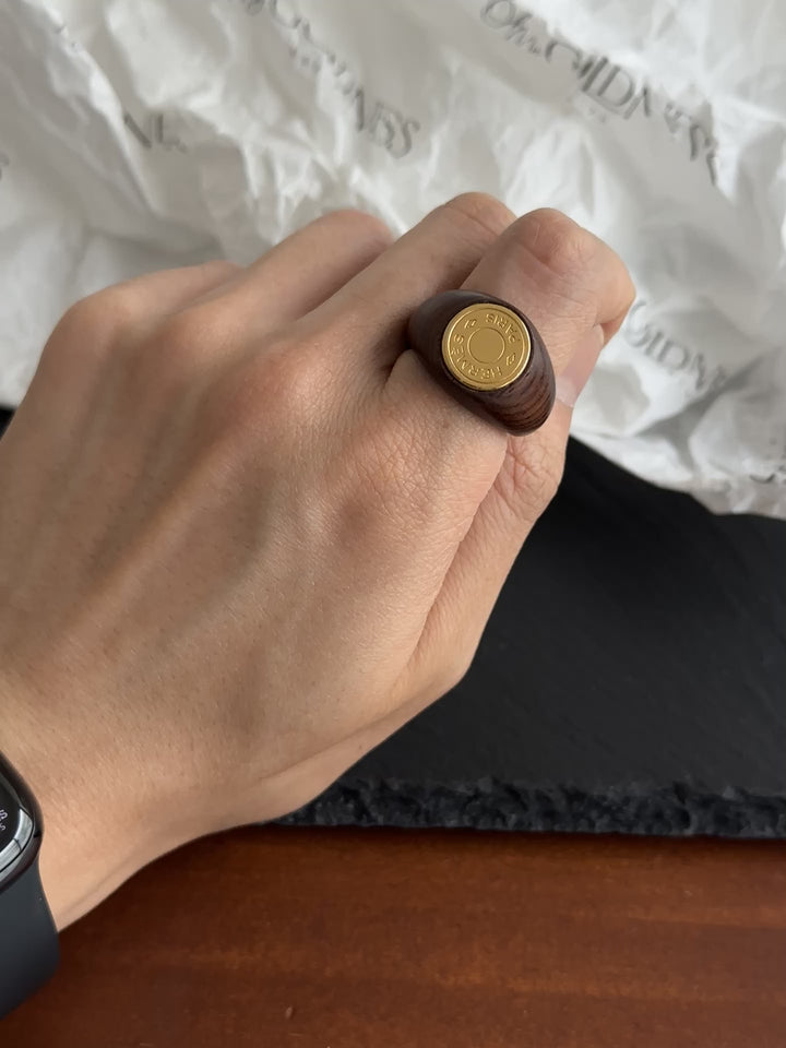 Hermes Vintage Wooden Logo Ring – Brass & Wood Fusion
