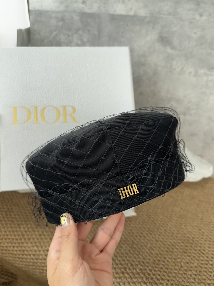 DIOR Black Veil Beret with Gold Logo ✨｜Elegant Unused Collector’s Piece