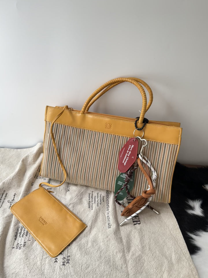 LOEWE Striped Top Handle Tote with Baby Pouch 🐣｜Duck Yellow Leather × Semi-Sheer Stripes × Matching Pouch✨
