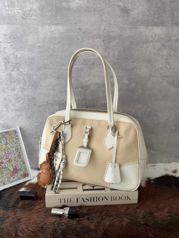 Prada Boston Bag 🤍🤎｜Keylock Detail｜Mixed Leather Trim｜Fits an iPad
