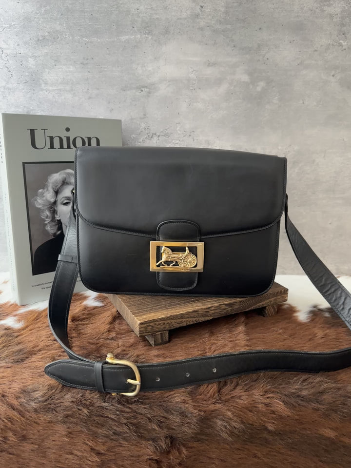 CELINE Horse Carriage Box Shoulder Bag 🖤｜Black Leather × Gold-Tone Clasp × Adjustable Strap
