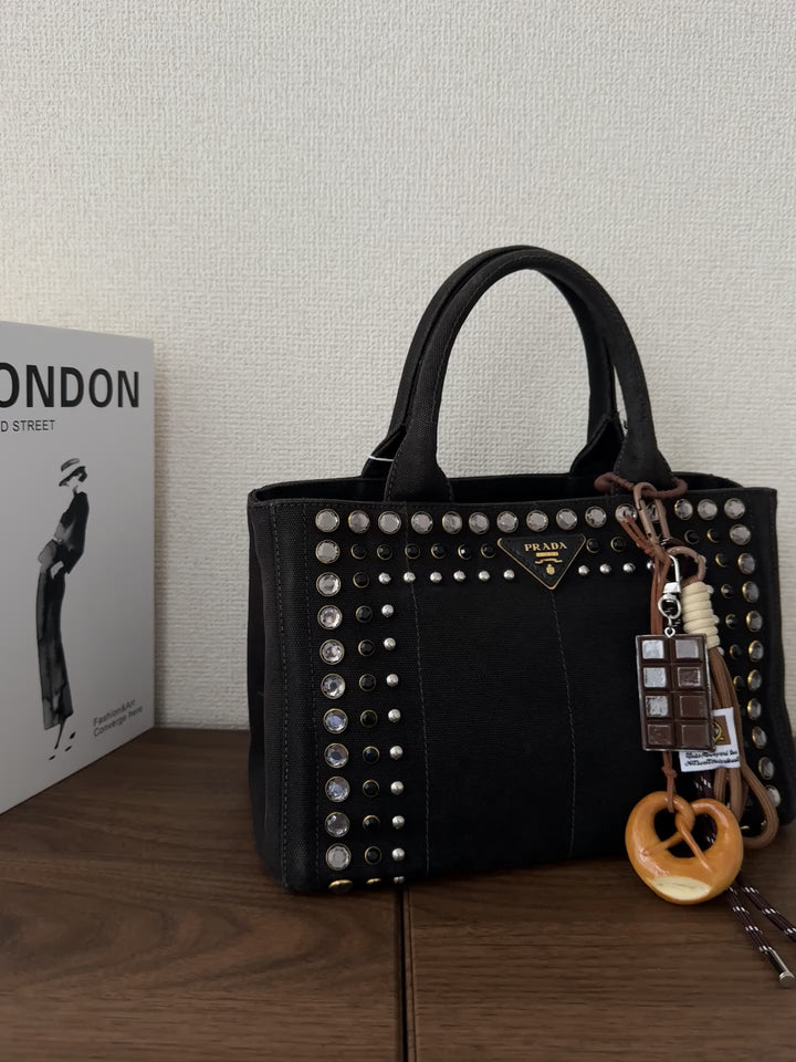 PRADA Studded Denim Tote 🖤✨ Crystal Rivets Small Size