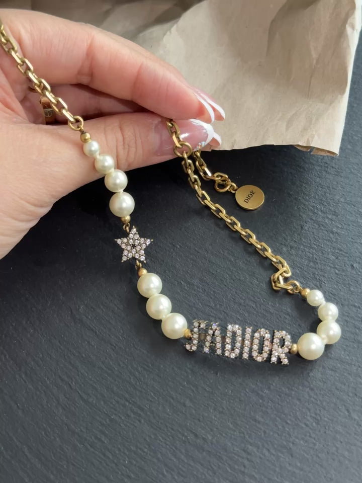 DIOR J'ADIOR Pearl & Rhinestone Choker – Glam Meets Playful 🤍✨ Crystal Sparkle + Gold Chain Charm