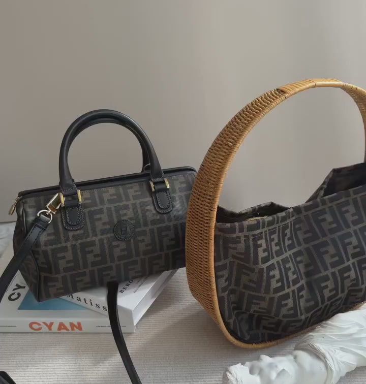 FENDI Vintage Rattan Cradle Bag（Brown Zucca Canvas × Rattan Frame）｜Rare Find × Retro Charm 🌙