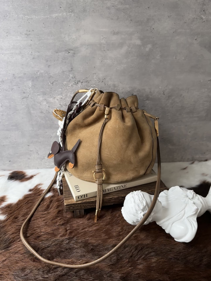 Ferragamo Suede Bucket Bag 🤎｜Rich Caramel Suede × Elegant Gold Hardware × Relaxed Drawstring Silhouette