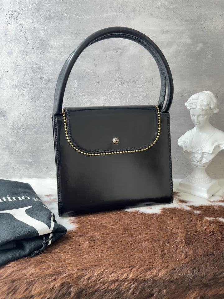 Valentino Garavani Box Handbag 🖤｜Rare Design × Gold Bead Trim × Glossy Leather