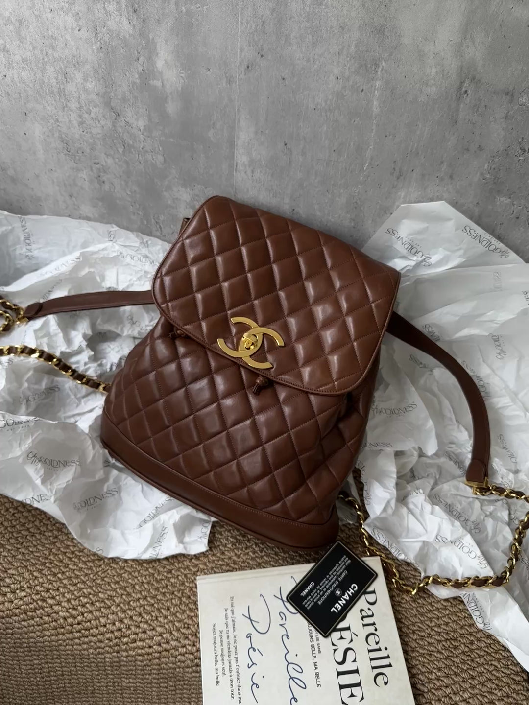 CHANEL Vintage Chocolate Lambskin Backpack with Oversized CC Turnlock + Sticker & Card