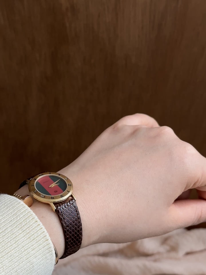 Gucci Lizard Leather Watch ❤️🤎｜Vintage Stripe Dial × Glossy Lizard Strap × Excellent Condition