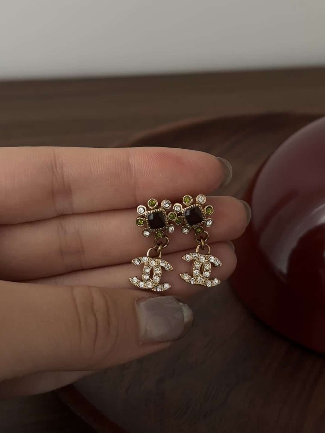 CHANEL Vintage Gem Drop Earrings – Floral Top × Crystal CC Dangle ✨