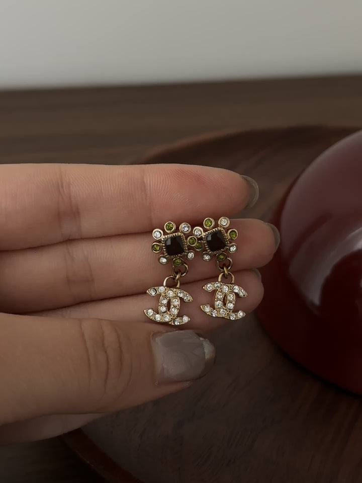 CHANEL Vintage Gem Drop Earrings – Floral Top × Crystal CC Dangle ✨