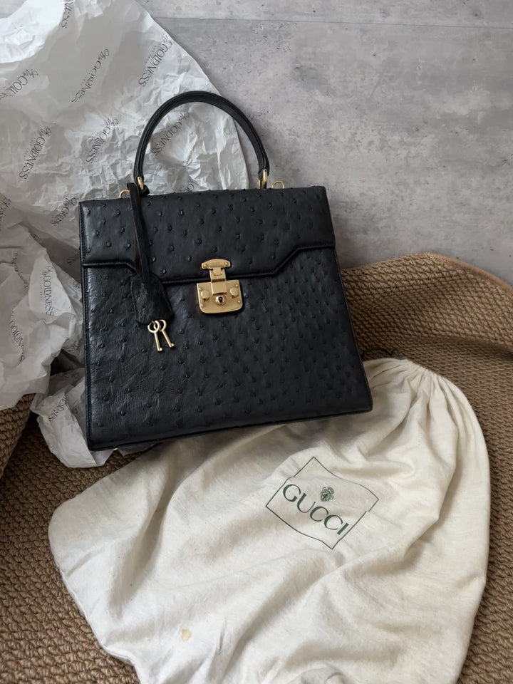 Gucci Black Ostrich Leather Padlock Kelly with Gold Hardware ✨｜Ultra-Rare, Collectible & Elegant