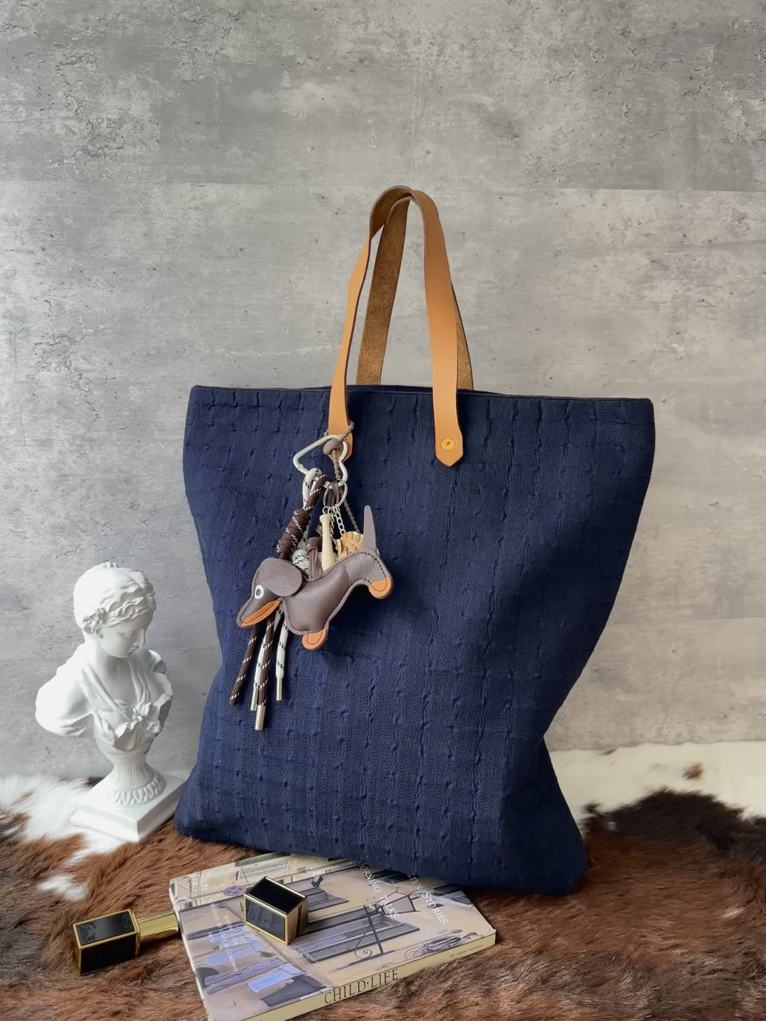 Hermès Fabric Tote Bag 💙｜Navy Textile × Leather Handles × Laptop-Friendly
