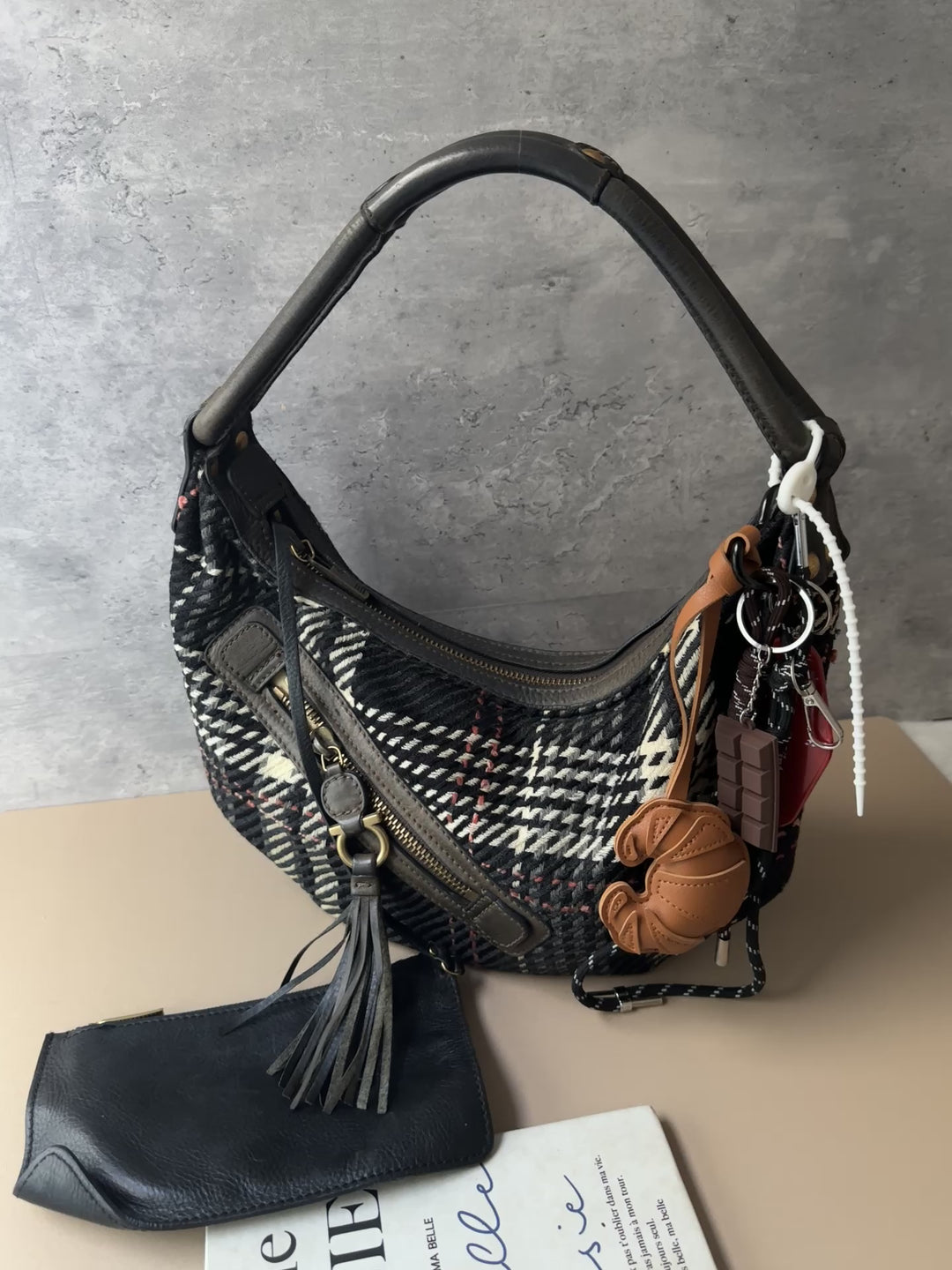 Ferragamo Plaid Wool Crescent Hobo Bag 🤍🖤｜Plaid Wool × Crescent Silhouette × Matching Pouch