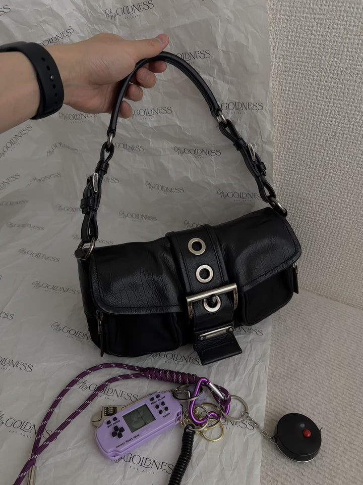 PRADA Flap Hobo Bag｜Leather & Nylon Mix × Grommet Buckle Detail 🖤 Compact and Versatile