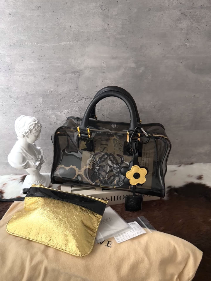LOEWE Jelly Amazona 28 Boston Bag 🖤✨｜Near-Pristine Condition × Double-Sided Anagram × Key, Lock &amp; Gold Baby Pouch