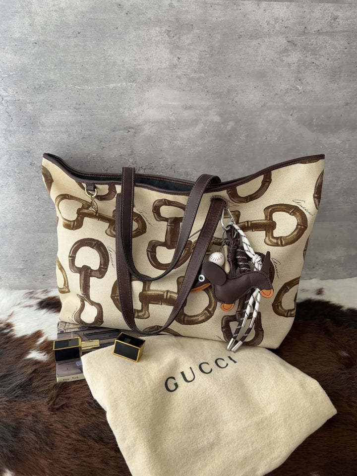 Gucci Horsebit Print Canvas Tote 🤎✨｜Vintage Equestrian Print・Spacious Everyday Tote