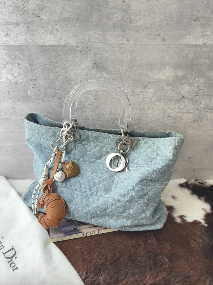 DIOR Denim Soft Lady Dior Tote Bag 🩵｜Light Blue Denim × Clear Top Handles × Casual Styling