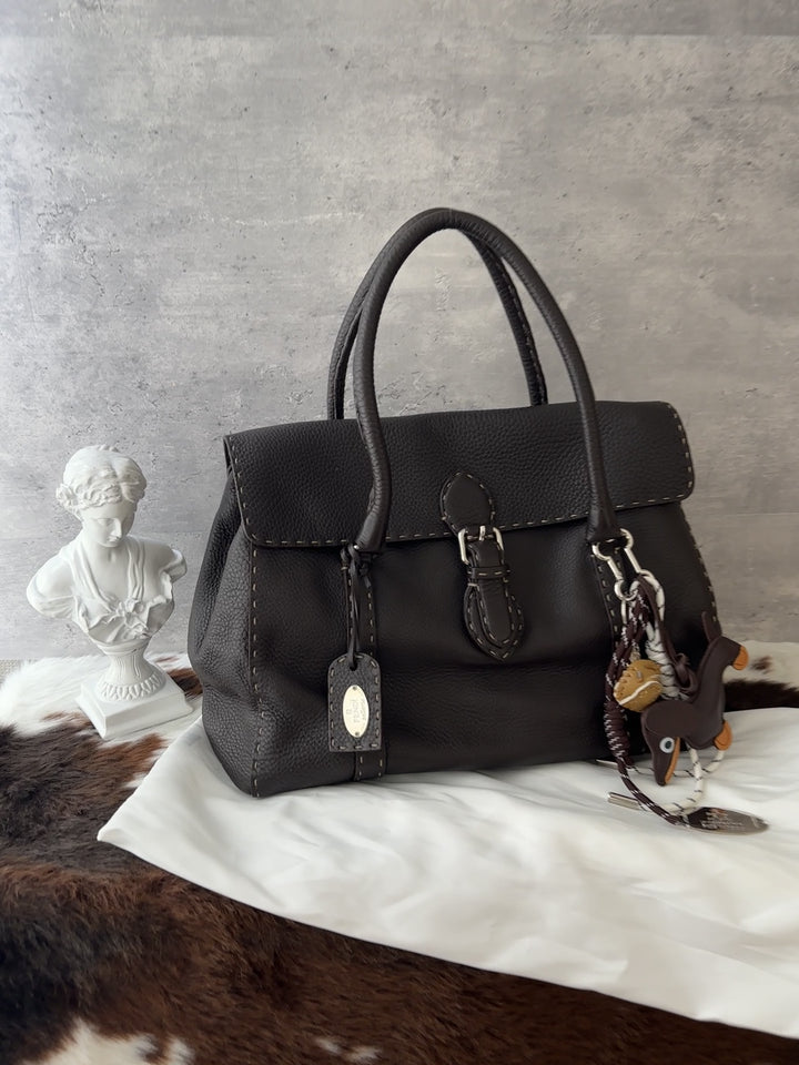 Fendi Selleria Contrast-Stitch Leather Tote 🖤🤎✨｜Chocolate Brown・Hand-Stitched Detail